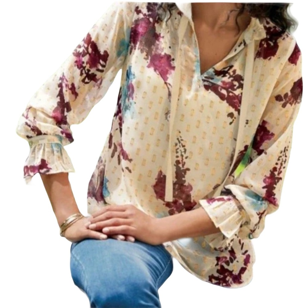 Soft Surroundings Sz XL Primrose Purple Cream Metallic Gold Tie Front Blouse